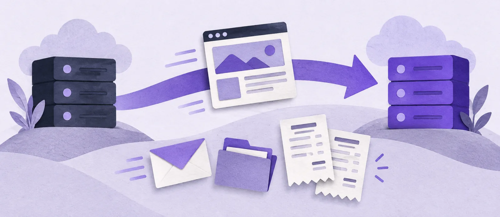 A website moves between two hosts, with an envelope, files, and overlapping bills representing the wider migration budget.